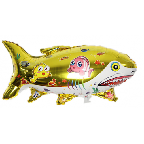 Шар (26''/67 см) Фигура, Акула с рыбками, Золото