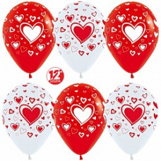 Шар (12''/30 см) Множество сердец, Белый (005)/Красный (015), пастель, 5 ст, 50 шт.
