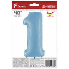 Шар (40''/102 см) Цифра, 1, Голубой, 1 шт. в упак.