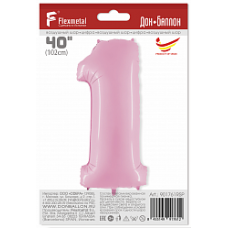 Шар (40''/102 см) Цифра, 1, Розовый, 1 шт. в упак.