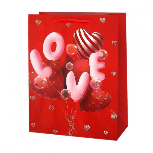 Пакет подарочный, Воздушные шары-сердечки, Дизайн №3, с блестками, 41*30*12 см, 1 шт.