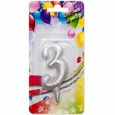 Свеча Цифра, 3, Серебро, 8 см, 1 шт.