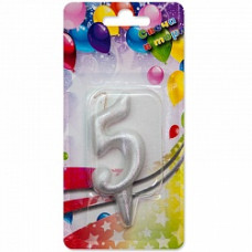Свеча Цифра, 5, Серебро, 8 см, 1 шт.