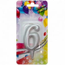 Свеча Цифра, 6, Серебро, 8 см, 1 шт.