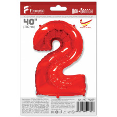 Шар (40''/102 см) Цифра, 2, Красный, в упаковке 1 шт.