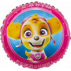 Шар (18''/46 см) Круг, Щенячий Патруль, С Днем Рождения!, Розовый, 1 шт. в упак.