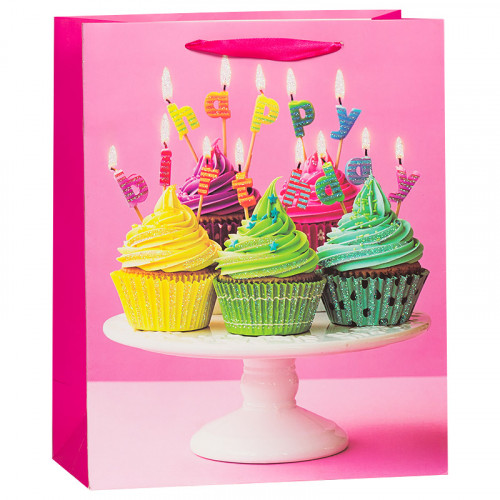 Пакет подарочный С Днем Рождения (пирожные и свечи), с блестками, Розовый, 26*32*12 см