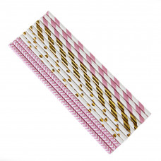 Трубочки для коктейлей, Розовый микс, Розовый/Белый/Золото, металлик, 12 шт.