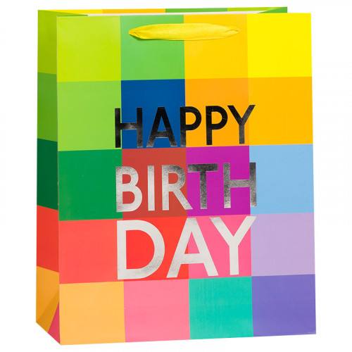 Пакет подарочный С Днем Рождения (разноцветные квадраты), 31*42*12 см