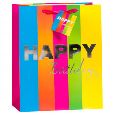 Пакет подарочный С Днем Рождения (в разноцветную полоску), 18*23*10 см