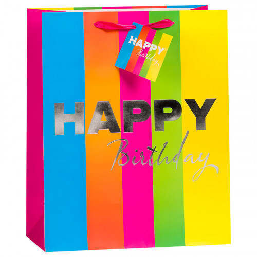 Пакет подарочный С Днем Рождения (в разноцветную полоску), 18*23*10 см