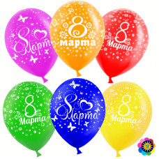 Воздушный Шар (12''/30 см) 8 Марта (цветы и бабочки), Ассорти, лайт, пастель, 5 ст, 50 шт.