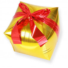 Шар (28''/71 см) Куб, Подарок с бантиком, Золото