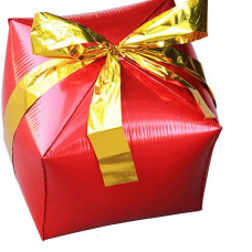 Шар (28''/71 см) Куб, Подарок с бантиком, Красный