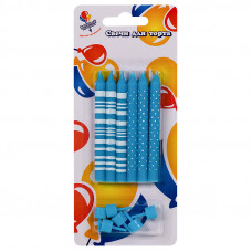 Свечи Полоски и Точки голубые 8см с держателями 6шт.