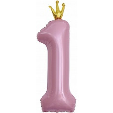 Шар (40''/102 см) Цифра, 1 Золотая корона, Розовый, 1 шт. в упак.