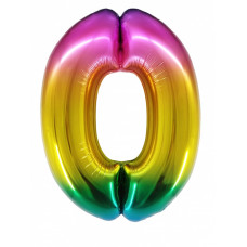 Шар (34''/86 см) Цифра, 0, Радужный, в упаковке 1 шт.