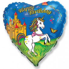 Шар (18''/46 см) Сердце, С Днем рождения (единорог), Синий