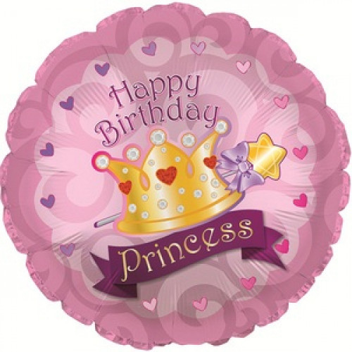 Шар (18''/46 см) Круг, С Днем рождения (корона принцессы), Розовый
