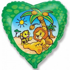 Шар (18''/46 см) Сердце, Львы под пальмой, Зеленый