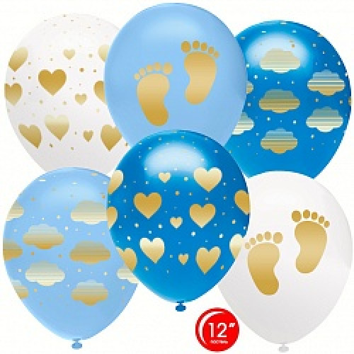 Воздушный Шар (12''/30 см) Новорожденный (сердца и облака), Ассорти для мальчика, кристалл, 5 ст, 25