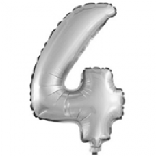 Шар с клапаном (16''/41 см) Цифра, 4, Серебро, 1 шт.
