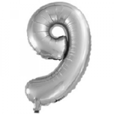 Шар с клапаном (16''/41 см) Цифра, 9, Серебро, 1 шт.
