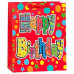Пакет подарочный С Днем Рождения (разноцветные круги, звезды), с блестками, Красный, 31*42*12 см