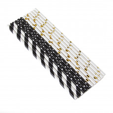 Трубочки для коктейлей, Гламурный микс, Черный/Белый/Золото, металлик, 12 шт.