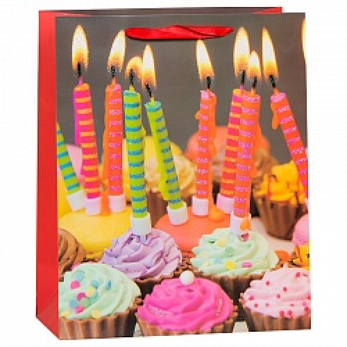Пакет подарочный С Днем Рождения (кексы и свечи), Красный, 26*32*12 см