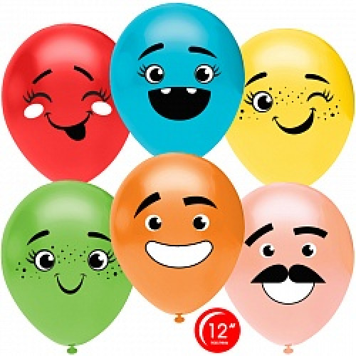 Воздушный шар (12''/30 см) Забавные смайлы, Ассорти, пастель, 1 ст, 25 шт.