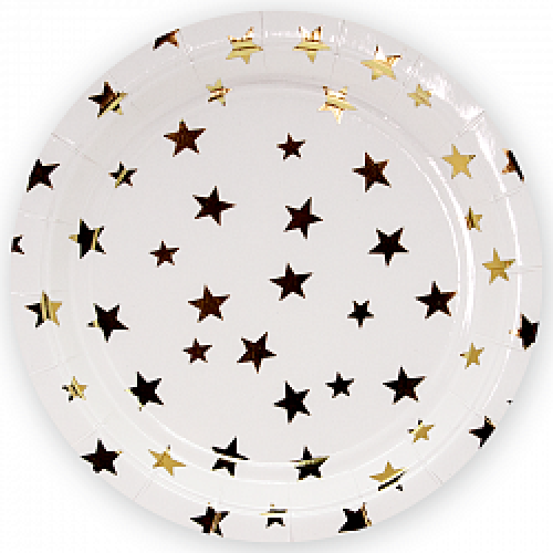 Тарелки (7''/18 см) Золотые звезды, Белый, Металлик, 6 шт.