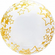Шар (18''/46 см) Сфера 3D, Deco Bubble, Золотые звезды, Прозрачный, Кристалл, 1 шт. в упак.