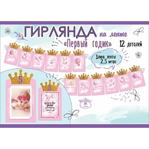 Гирлянда Первый Годик принцессы (фоторамки), Розовый, 250 см, 1 шт.