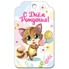 Бирки для подарков, С Днем Рождения! (котенок), 5,5*9,5 см.