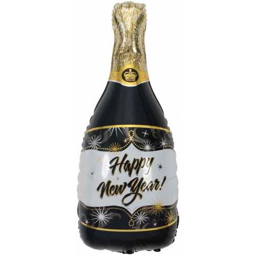Шар (40''/102 см) Фигура, Бутылка Шампанское, С Новым Годом!, Черный, 1 шт.