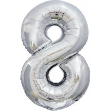 Шар (34''/86 см) Цифра, 8, ЭКО, Серебро, в упаковке 1 шт.