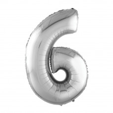 Шар (40''/102 см) Цифра, 6, Серебро, в упаковке 1 шт.