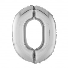 Шар (40''/102 см) Цифра, 0, Серебро, в упаковке 1 шт.