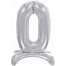 Шар (32''/81 см) Цифра, 0 на подставке, Серебро, 1 шт. в упак.