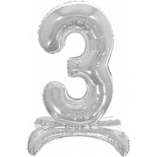 Шар (32''/81 см) Цифра, 3 на подставке, Серебро, 1 шт. в упак.