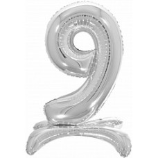 Шар (32''/81 см) Цифра, 9 на подставке, Серебро, 1 шт. в упак.