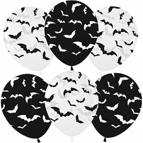 Воздушный Шар (12''/30 см) Летучие мыши, Ночь Хэллоуина, Черный/Прозрачный, кристалл, 5 ст, 25 шт.