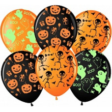 Воздушный Шар (12''/30 см) Хэллоуин, Призрачные огни, Ассорти, флуор, 5 ст, 25 шт.