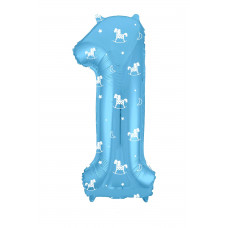 Шар (40''/102 см) Цифра, 1, Slim, Лошадки, Голубой, в упаковке 1 шт.