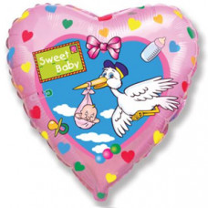 Шар (18''/46 см) Сердце, Аист, Розовый