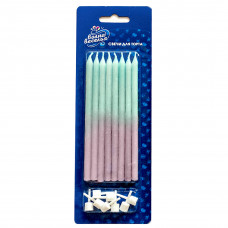 Свечи Фантазия, Бирюзовый/Сиреневый, Градиент, с блестками, 12 см, 8 шт. с держат.