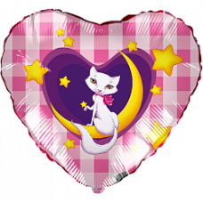 Шар (18''/46 см) Сердце, Кошка на луне, 1 шт.
