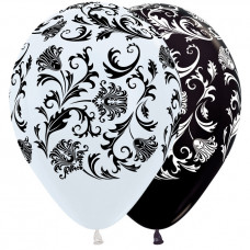 Шар (12''/30 см) Узоры, Ассорти Белый (405)/Черный (580), металлик, 5 ст, 50 шт.