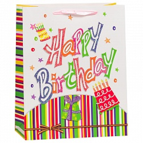 Пакет подарочный С Днем Рождения (разноцветные полосы, подарок),  31*42*12 см